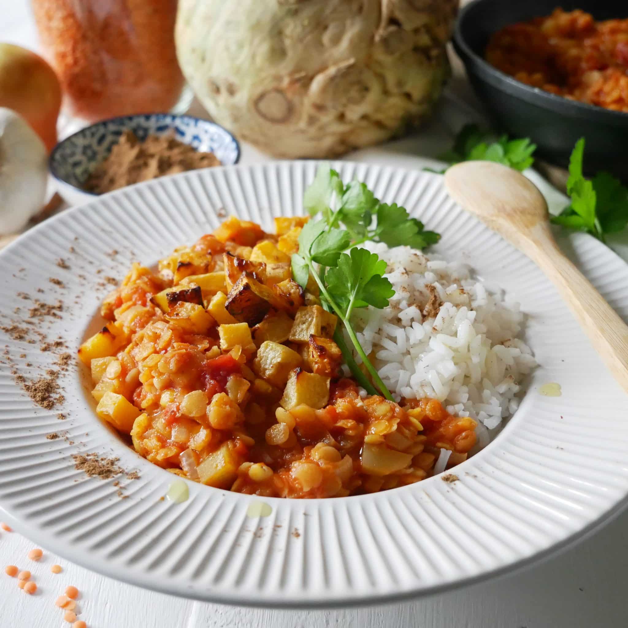 dahl lentilles corail, céleri-rave & rutabaga rôtis