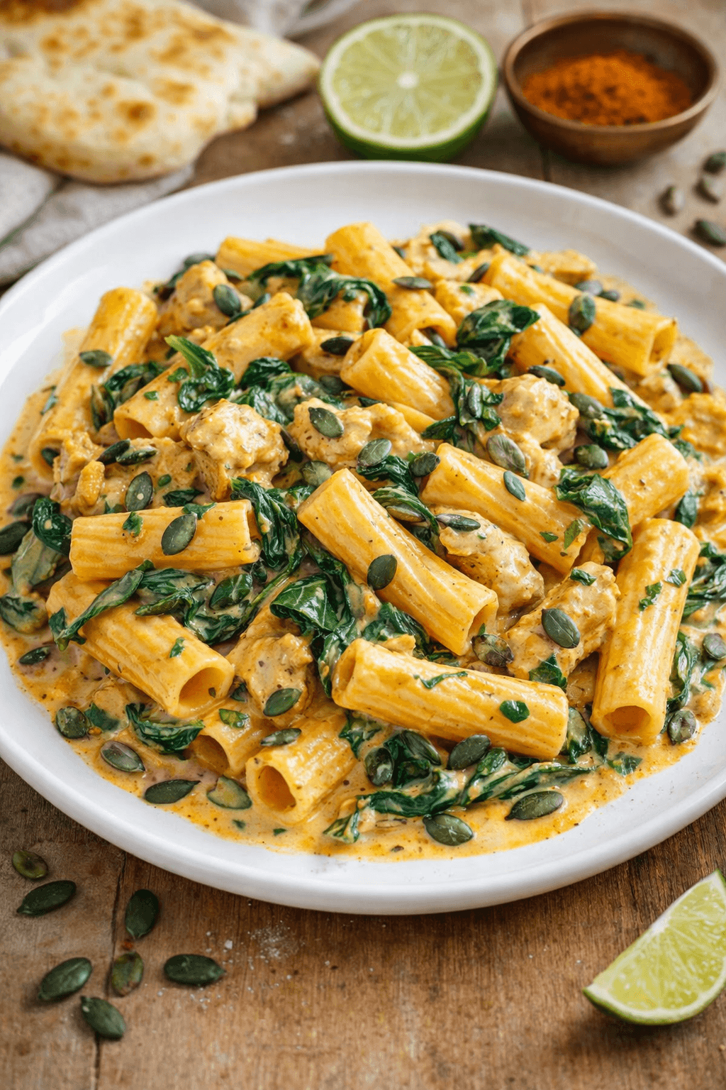 rigatoni crémeux à la dinde, épinards et sauce curry-citron