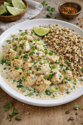 Poulet crémeux au lait de coco, céréales & lentilles