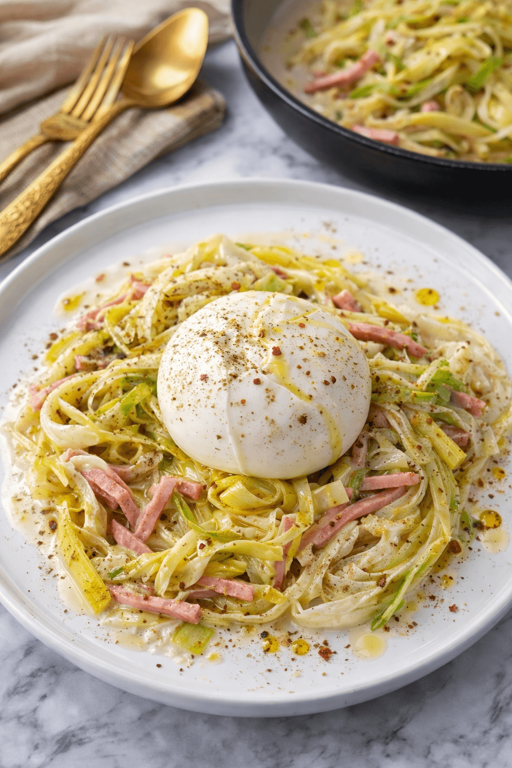 tagliatelles de poireaux façon carbonara healthy & burrata