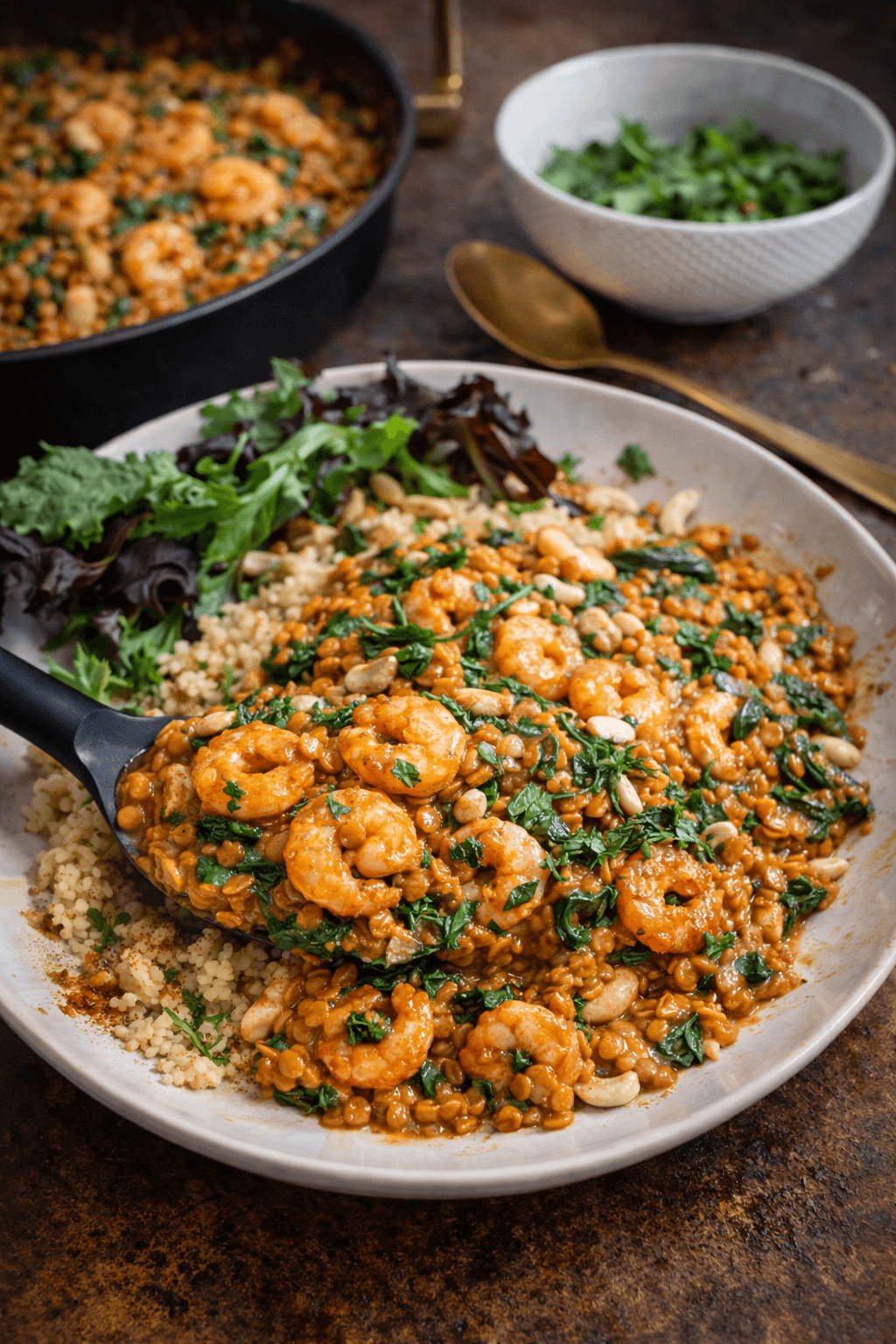 dahl aux crevettes, lait de coco, lentilles, épinards et cajou